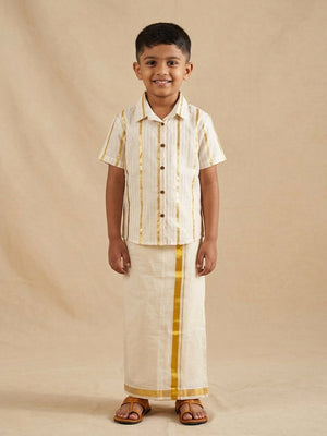 Ethnic Combo - Kasavu Classic Boys Shirt with Velcro Dhoti & Girls Skirt Set - Twinning Combo