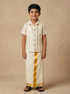 Ethnic Combo - Kasavu Classic Boys Shirt with Velcro Dhoti & Girls Skirt Set - Twinning Combo