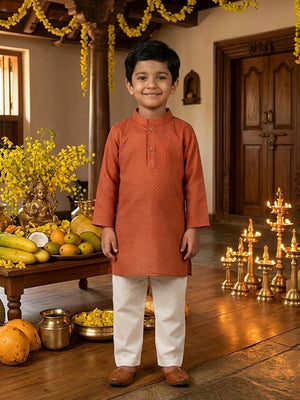 Ethnic Combo - Kasavu Surya Boys Kurta Pajama Set & Girls Skirt Set - Twinning Combo