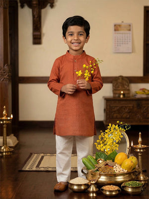 Ethnic Combo - Kasavu Surya Boys Kurta Pajama Set & Girls Skirt Set - Twinning Combo
