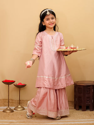Ethnic Combo - Rosé Radiance Boys Silk Kurta Pajama Set with Girls Anarkali Sharara Set - Twinning Combo