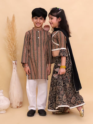 Ethnic Set - Black Kalamkari Girls Lehenga Set and Boys Kurta Set - KES2 - BLKGLBK