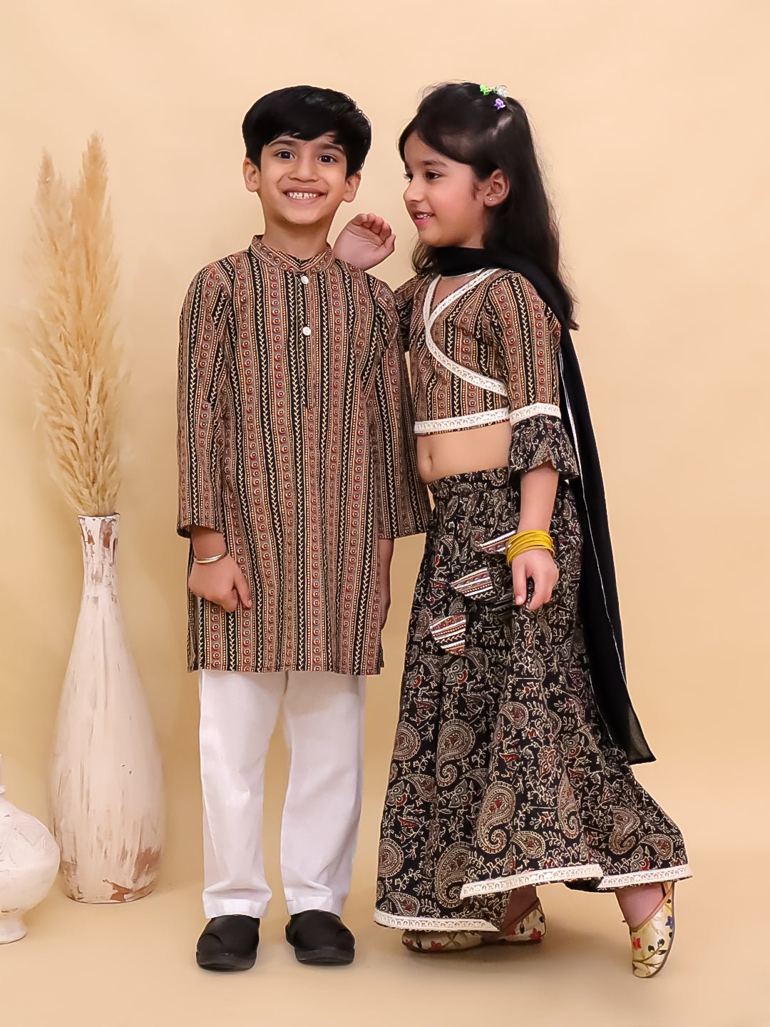Ethnic Set - Black Kalamkari Girls Lehenga Set and Boys Kurta Set - KES2 - BLKGLBK