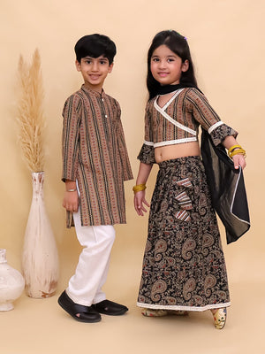Ethnic Set - Black Kalamkari Girls Lehenga Set and Boys Kurta Set - KES2 - BLKGLBK
