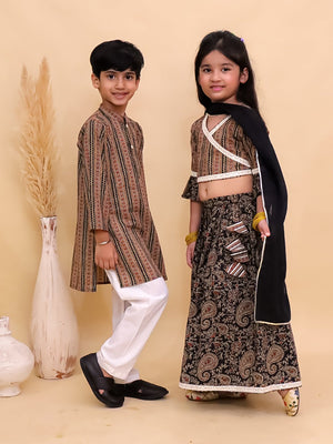 Ethnic Set - Black Kalamkari Girls Lehenga Set and Boys Kurta Set - KES2 - BLKGLBK