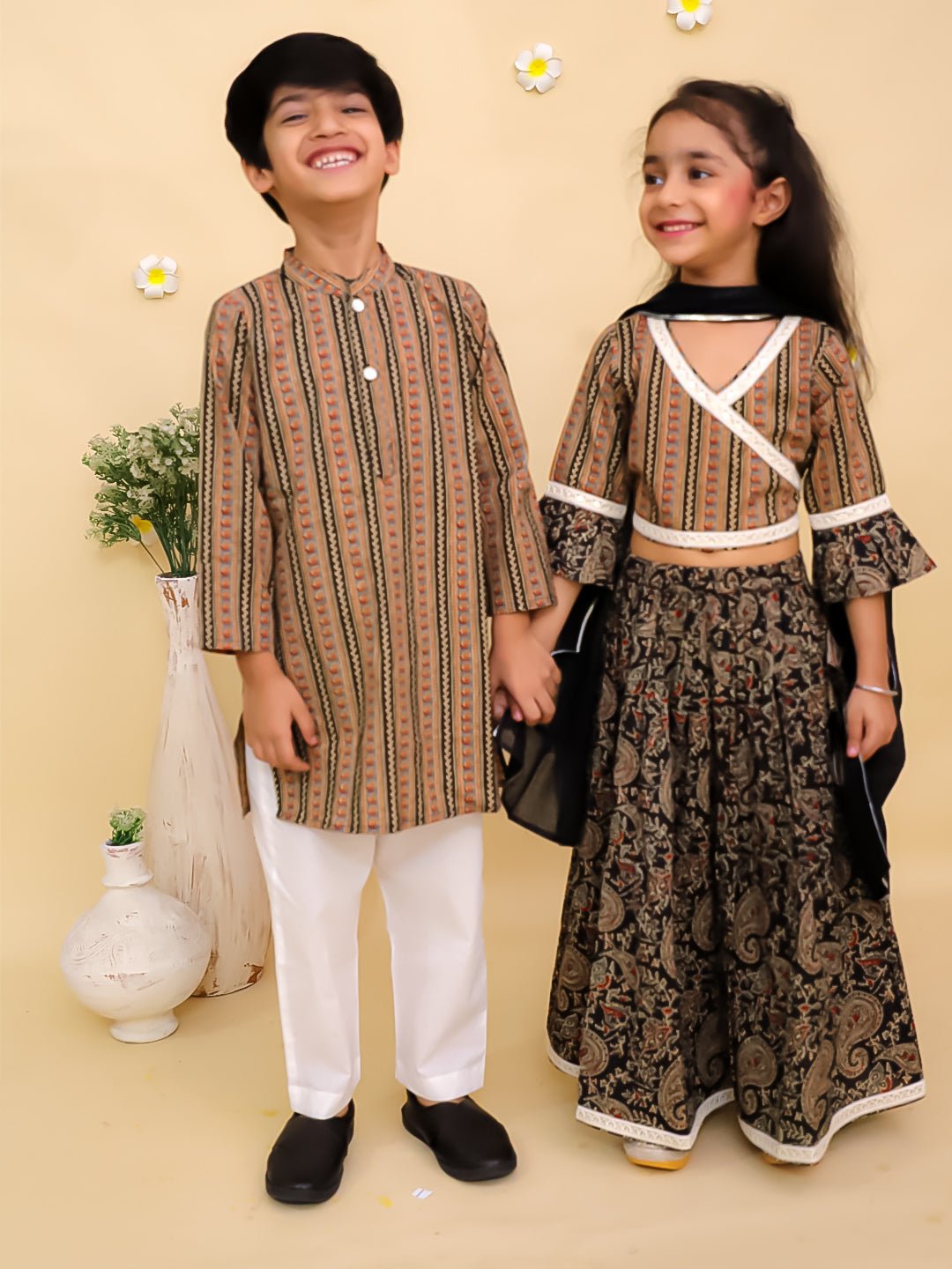 Ethnic Set - Black Kalamkari Girls Lehenga Set and Boys Kurta Set - KES2 - BLKGLBK