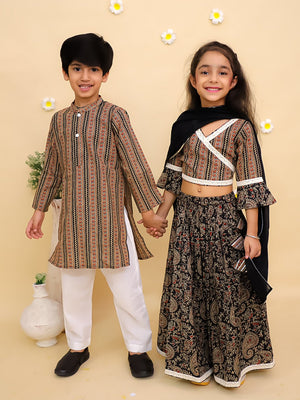 Ethnic Set - Black Kalamkari Girls Lehenga Set and Boys Kurta Set - KES2 - BLKGLBK
