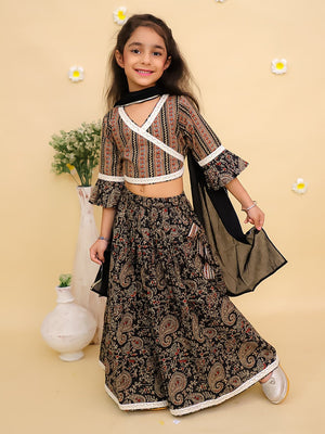 Ethnic Set-Black Kalamkari Girls Lehenga Set with Boys Kurta Set - Twinning Combo