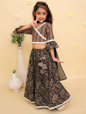 Ethnic Set-Black Kalamkari Girls Lehenga Set with Boys Kurta Set - Twinning Combo