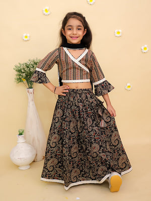 Ethnic Set-Black Kalamkari Girls Lehenga Set with Boys Kurta Set - Twinning Combo