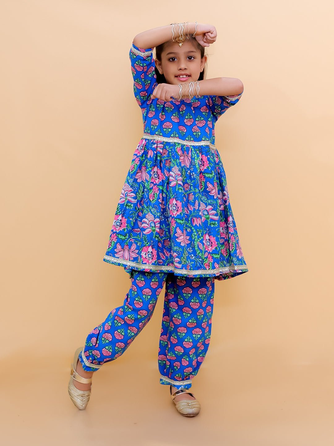 Ethnic Set - Blue Royal Floral Girls Kurta Set with Blue Royale Boys Jacket And Kurta Pajama Set - KES2 - BRFGBF