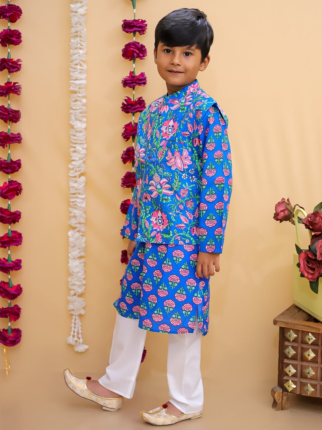 Ethnic Set - Blue Royal Floral Girls Kurta Set with Blue Royale Boys Jacket And Kurta Pajama Set - KES2 - BRFGBF