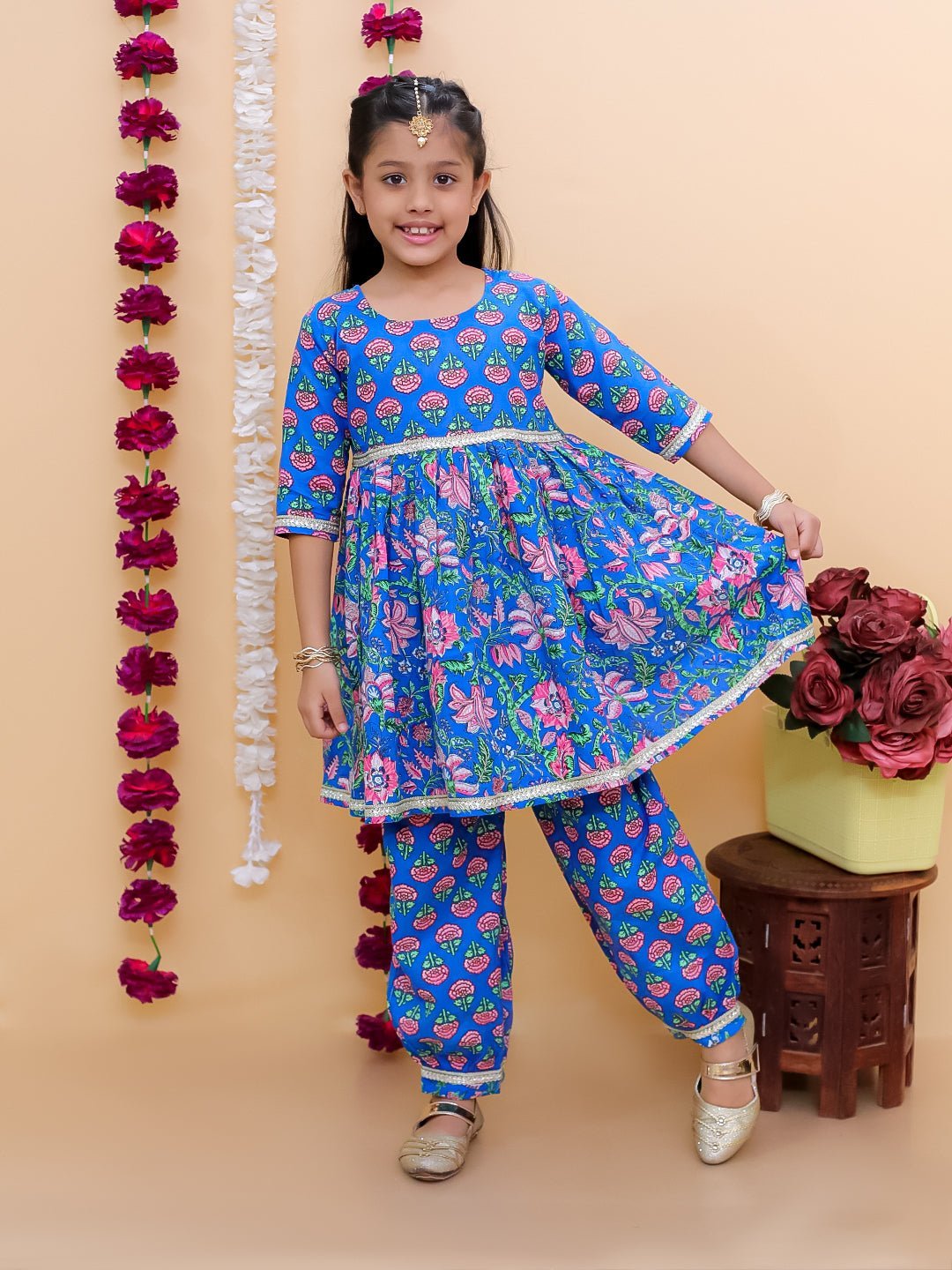 Ethnic Set - Blue Royal Floral Girls Kurta Set with Blue Royale Boys Jacket And Kurta Pajama Set - KES2 - BRFGBF