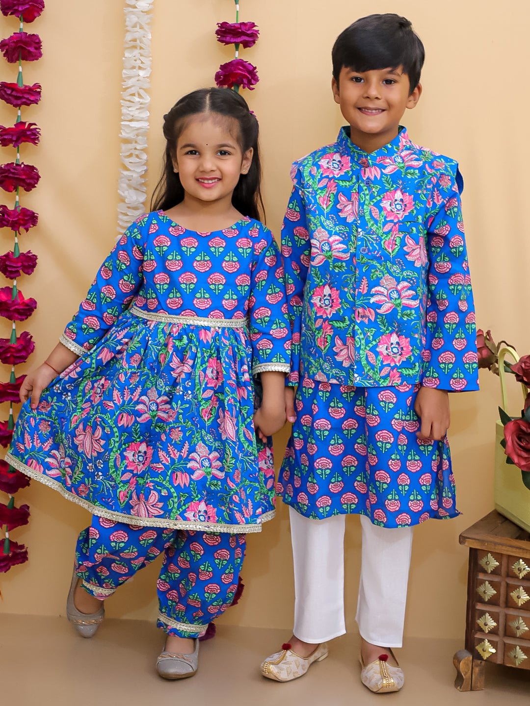 Ethnic Set - Blue Royal Floral Girls Kurta Set with Blue Royale Boys Jacket And Kurta Pajama Set - KES2 - BRFGBF