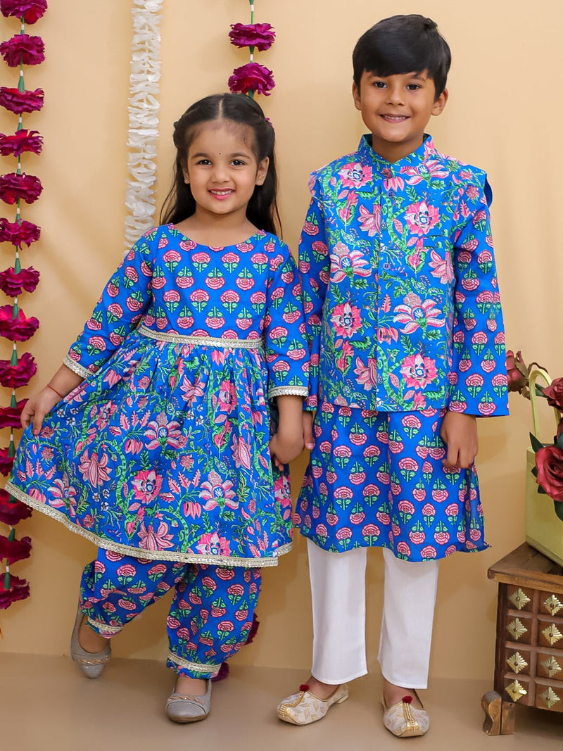 Ethnic Set-Blue Royal Floral Girls Kurta Set with Boys Jacket And Kurta Pajama Set