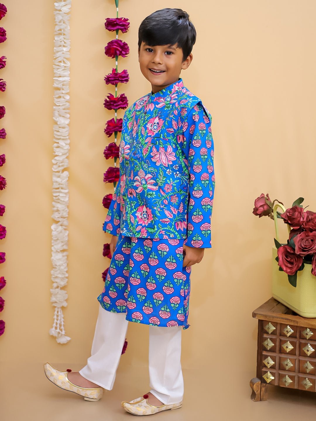 Ethnic Set - Blue Royal Floral Girls Kurta Set with Blue Royale Boys Jacket And Kurta Pajama Set - KES2 - BRFGBF