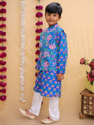 Ethnic Set-Blue Royal Floral Girls Kurta Set with Boys Jacket And Kurta Pajama Set - Twinning Combo