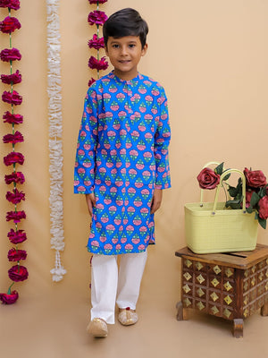 Ethnic Set-Blue Royal Floral Girls Kurta Set with Boys Jacket And Kurta Pajama Set - Twinning Combo