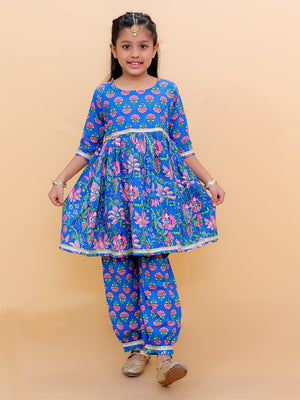 Ethnic Set-Blue Royal Floral Girls Kurta Set with Boys Jacket And Kurta Pajama Set - Twinning Combo