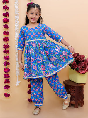 Ethnic Set-Blue Royal Floral Girls Kurta Set with Boys Jacket And Kurta Pajama Set - Twinning Combo