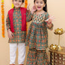 Ethnic Set - Emerald Essence Girls Anarkali Sharara Set with Boys Jacket And Kurta Pajama Set - KES2 - EMEGABJ