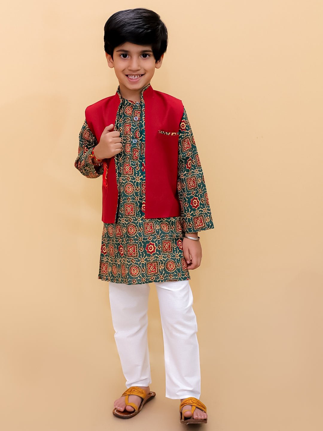 Ethnic Set - Emerald Essence Girls Anarkali Sharara Set with Boys Jacket And Kurta Pajama Set - KES2 - EMEGABJ