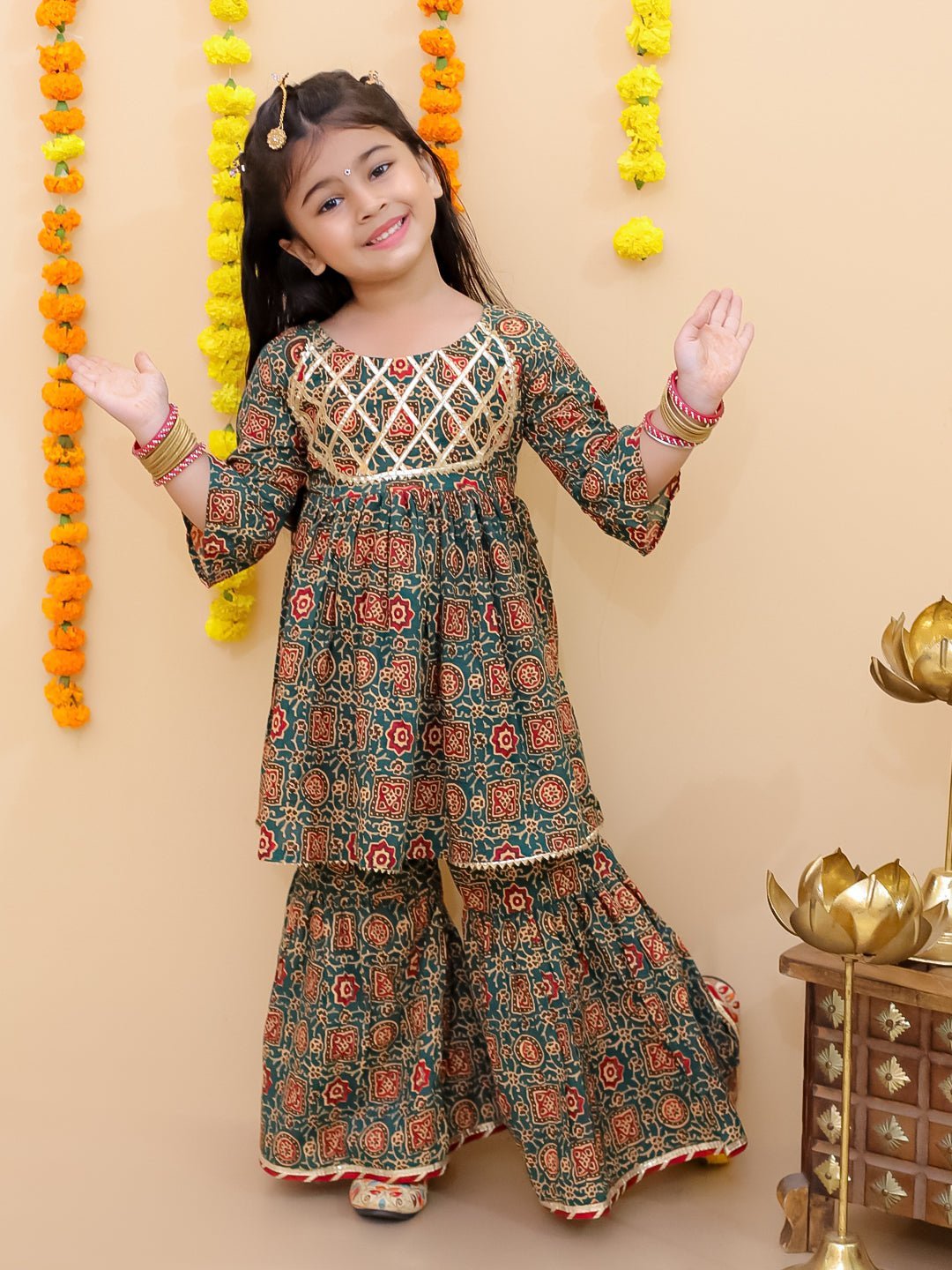 Ethnic Set - Emerald Essence Girls Anarkali Sharara Set with Boys Jacket And Kurta Pajama Set - KES2 - EMEGABJ