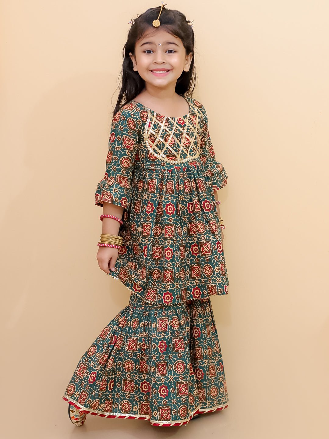 Ethnic Set - Emerald Essence Girls Anarkali Sharara Set with Boys Jacket And Kurta Pajama Set - KES2 - EMEGABJ