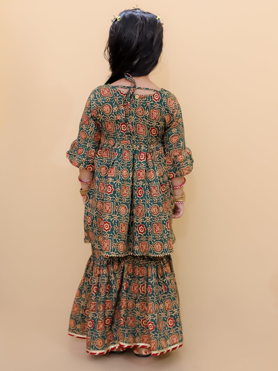 Ethnic Set - Emerald Essence Girls Anarkali Sharara Set with Boys Jacket And Kurta Pajama Set - KES2 - EMEGABJ