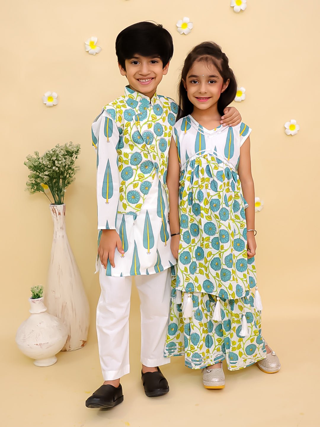 Ethnic Set - Emeraluxe Girls Anarkali Kurta Sharara Set and Boys Jacket And Kurta Pajama Set - KES2 - EMRLGSBJ