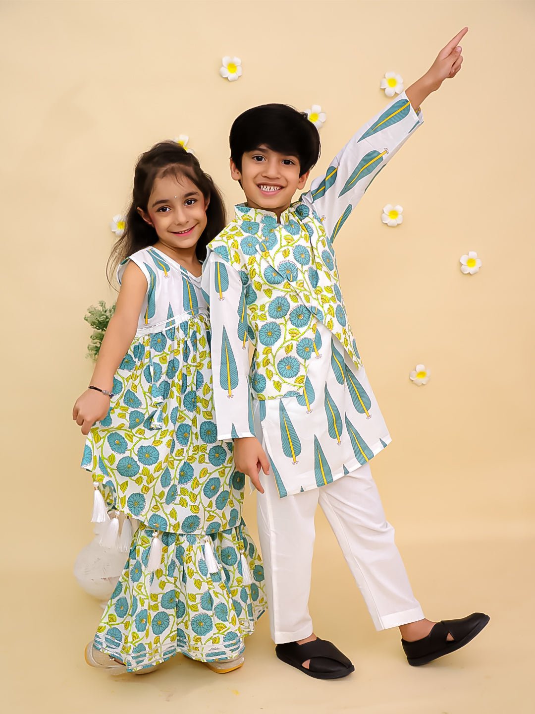 Ethnic Set - Emeraluxe Girls Anarkali Kurta Sharara Set and Boys Jacket And Kurta Pajama Set - KES2 - EMRLGSBJ