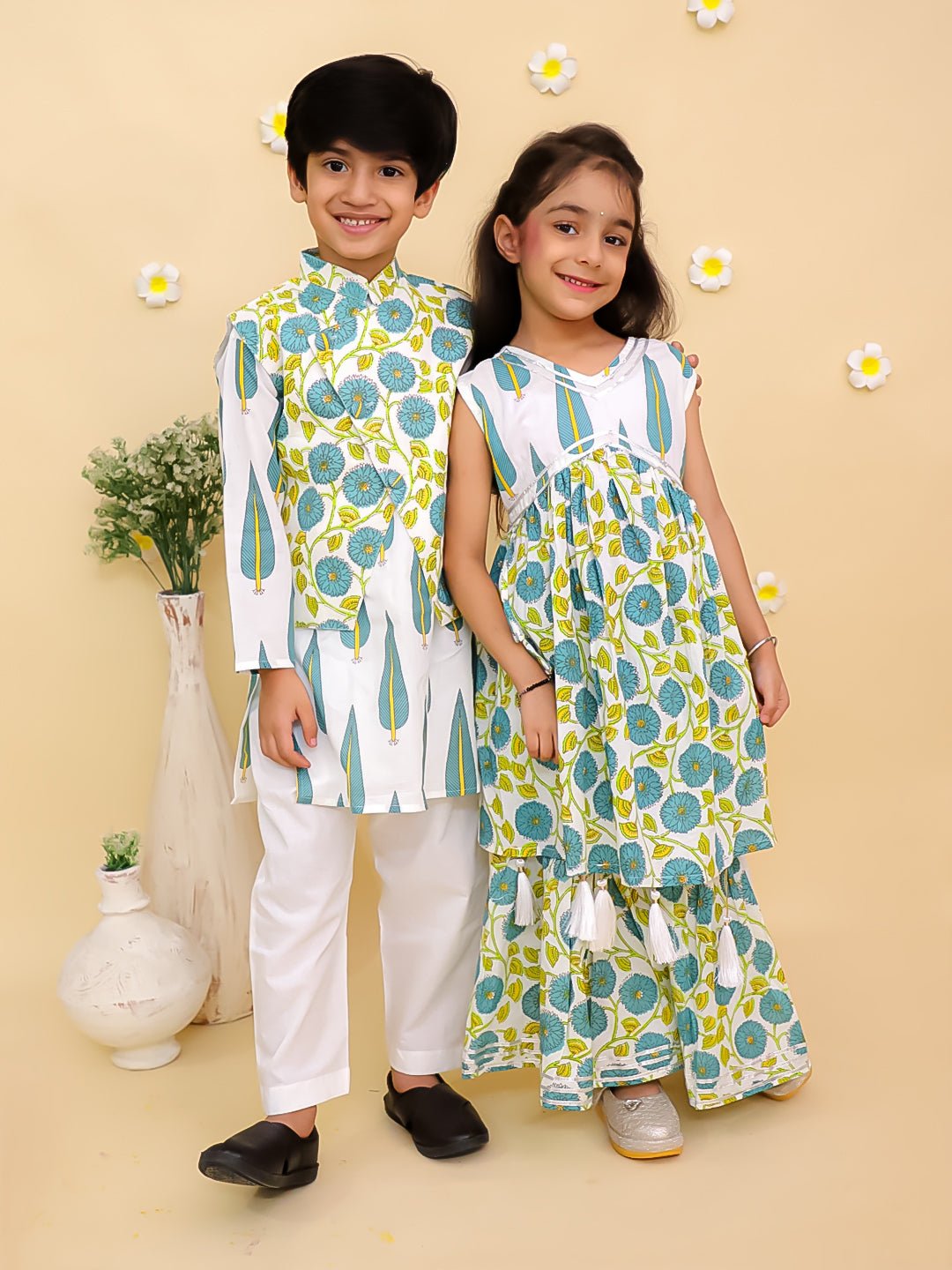 Ethnic Set - Emeraluxe Girls Anarkali Kurta Sharara Set and Boys Jacket And Kurta Pajama Set - KES2 - EMRLGSBJ