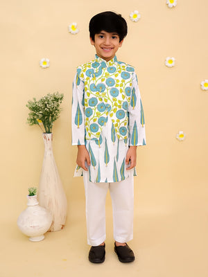 Ethnic Set-Emeraluxe Girls Anarkali Kurta Sharara Set with Boys Jacket And Kurta Pajama Set - Twinning Combo