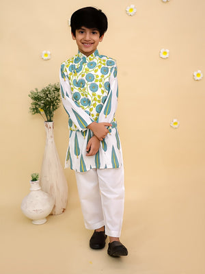 Ethnic Set-Emeraluxe Girls Anarkali Kurta Sharara Set with Boys Jacket And Kurta Pajama Set - Twinning Combo