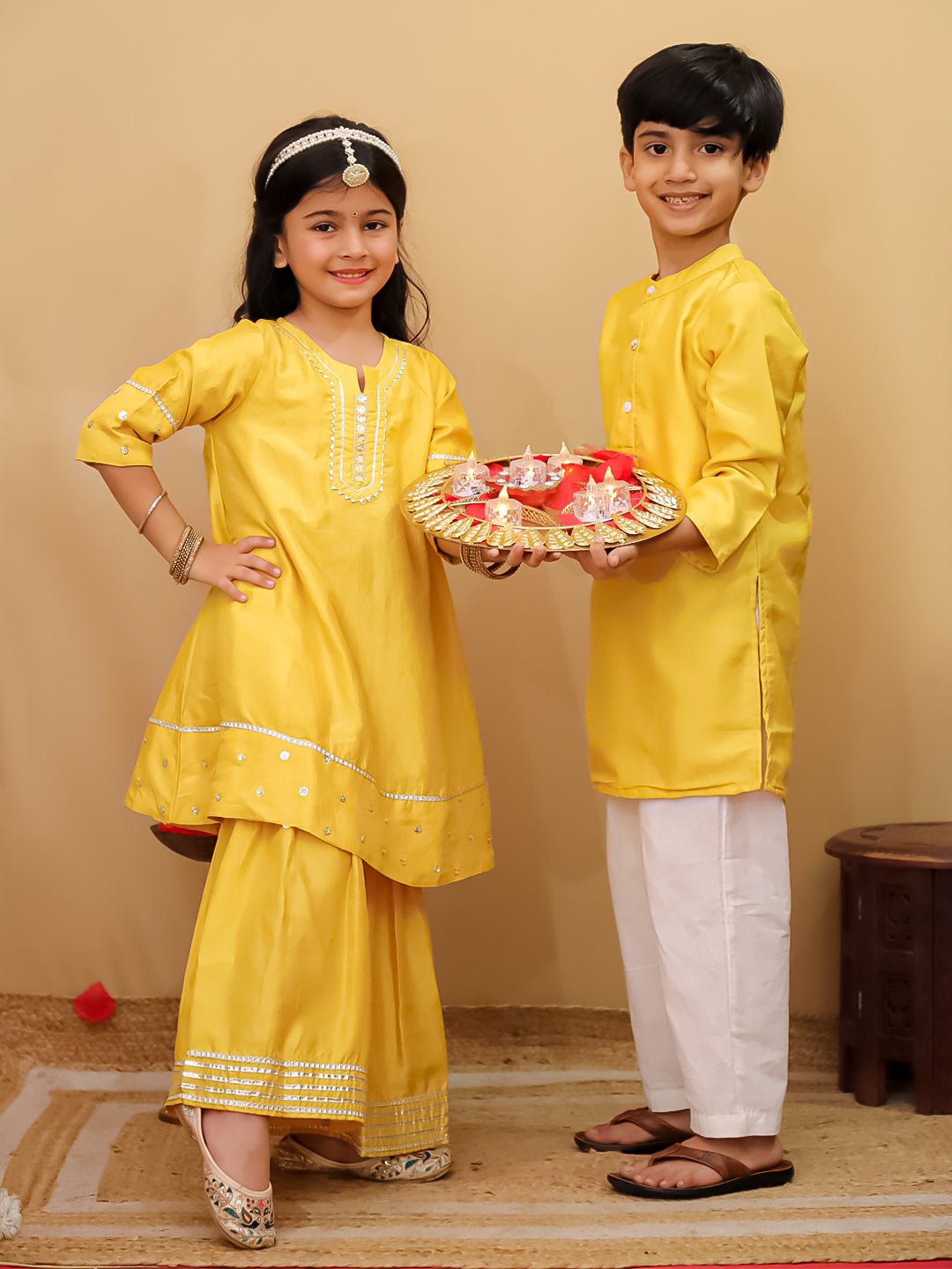 Ethnic Set - Golden Hour Boys Silk Kurta Pajama Set with Girls Anarkali Sharara Set - KES2 - GHBGHG