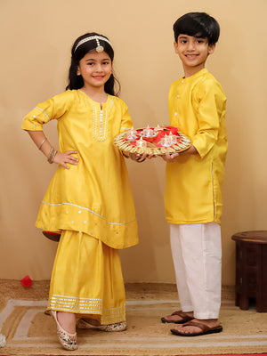 Ethnic Set - Golden Hour Boys Silk Kurta Pajama Set with Girls Anarkali Sharara Set - KES2 - GHBGHG