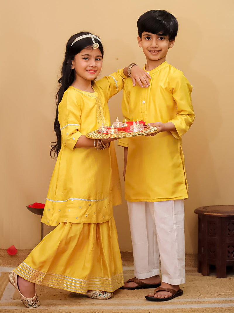 Ethnic Combo - Golden Hour Boys Silk Kurta Pajama Set with Girls Anarkali Sharara Set