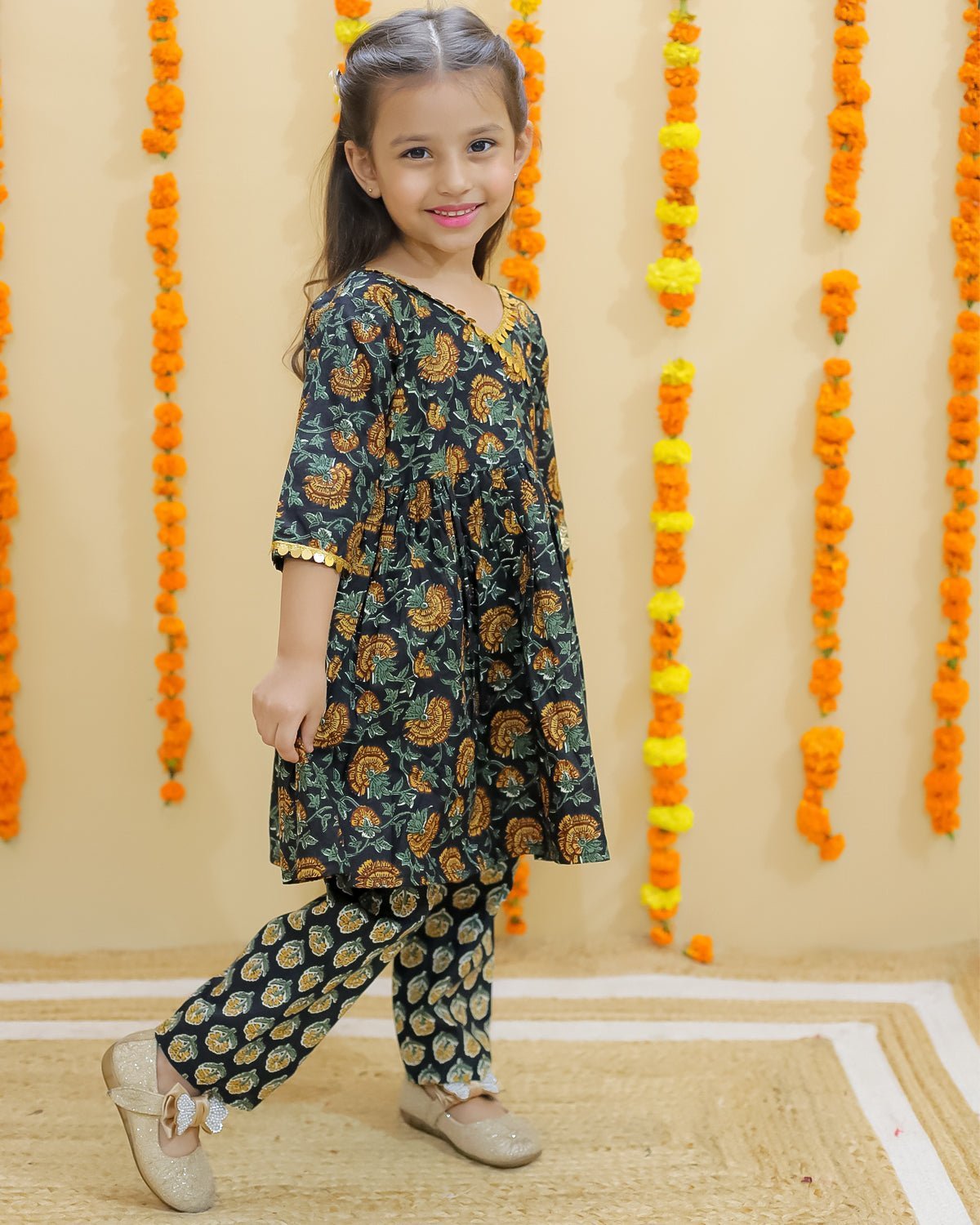 Ethnic Set - Green Block Print Girls Anarkali Pajama Set with Green Block Print Boys Dhoti Kurta Set - TWN2 - GRBPGBD