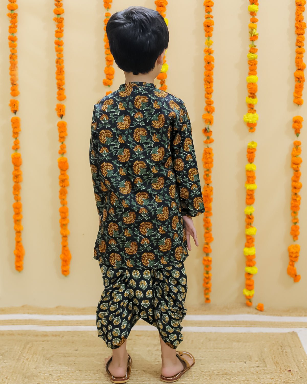 The Mom Store - Twinning Combo - Ethnic Set - Green Block Print Girls Anarkali Pajama Set with Green Block Print Boys Dhoti Kurta Set - TWN2 - GRBPGBD