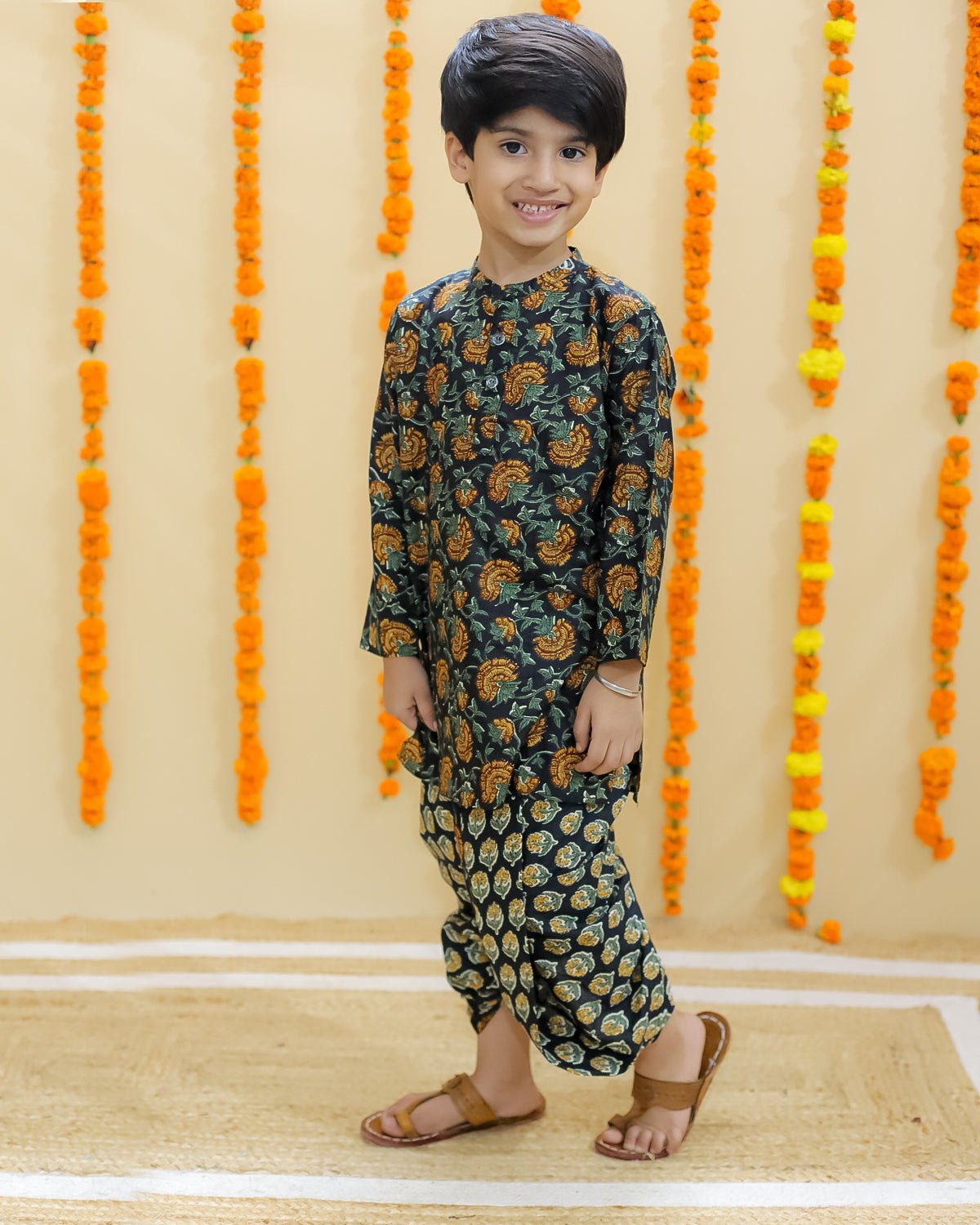 Ethnic Set - Green Block Print Girls Anarkali Pajama Set with Green Block Print Boys Dhoti Kurta Set - TWN2 - GRBPGBD