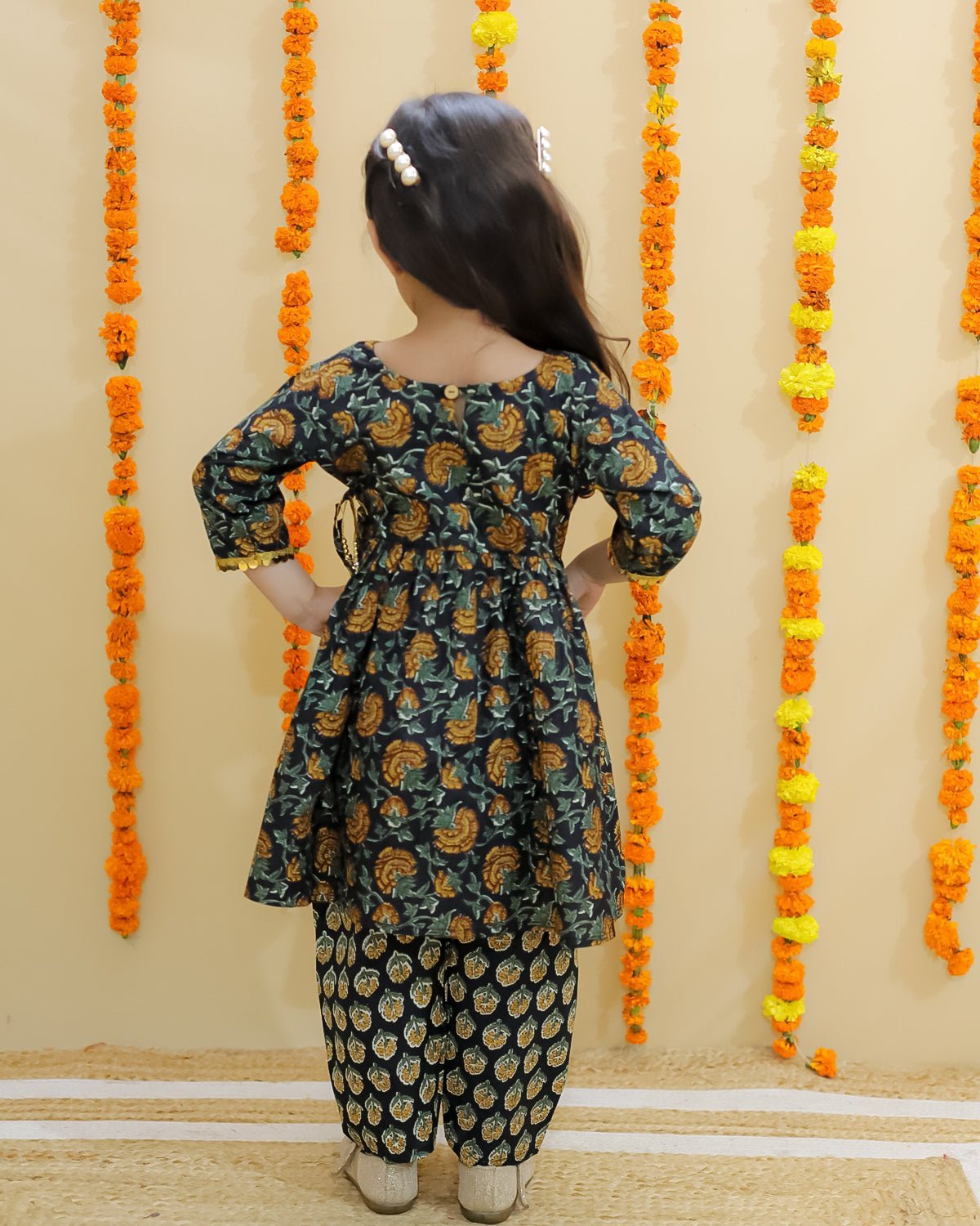 Ethnic Set - Green Block Print Girls Anarkali Pajama Set with Green Block Print Boys Dhoti Kurta Set - TWN2 - GRBPGBD