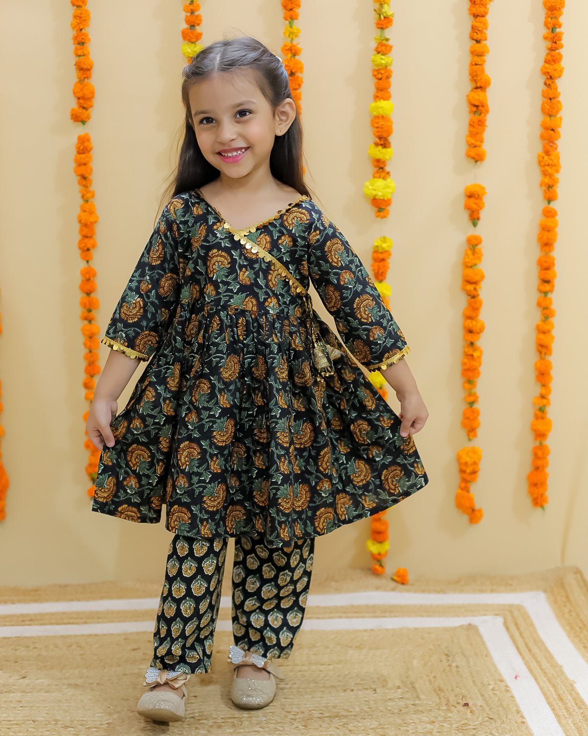 The Mom Store - Twinning Combo - Ethnic Set - Green Block Print Girls Anarkali Pajama Set with Green Block Print Boys Dhoti Kurta Set - TWN2 - GRBPGBD