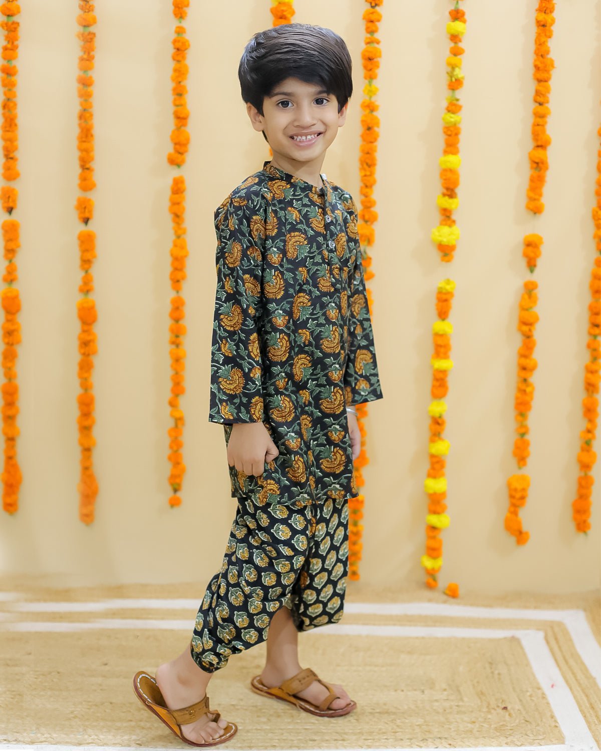 Ethnic Set - Green Block Print Girls Anarkali Pajama Set with Green Block Print Boys Dhoti Kurta Set - TWN2 - GRBPGBD