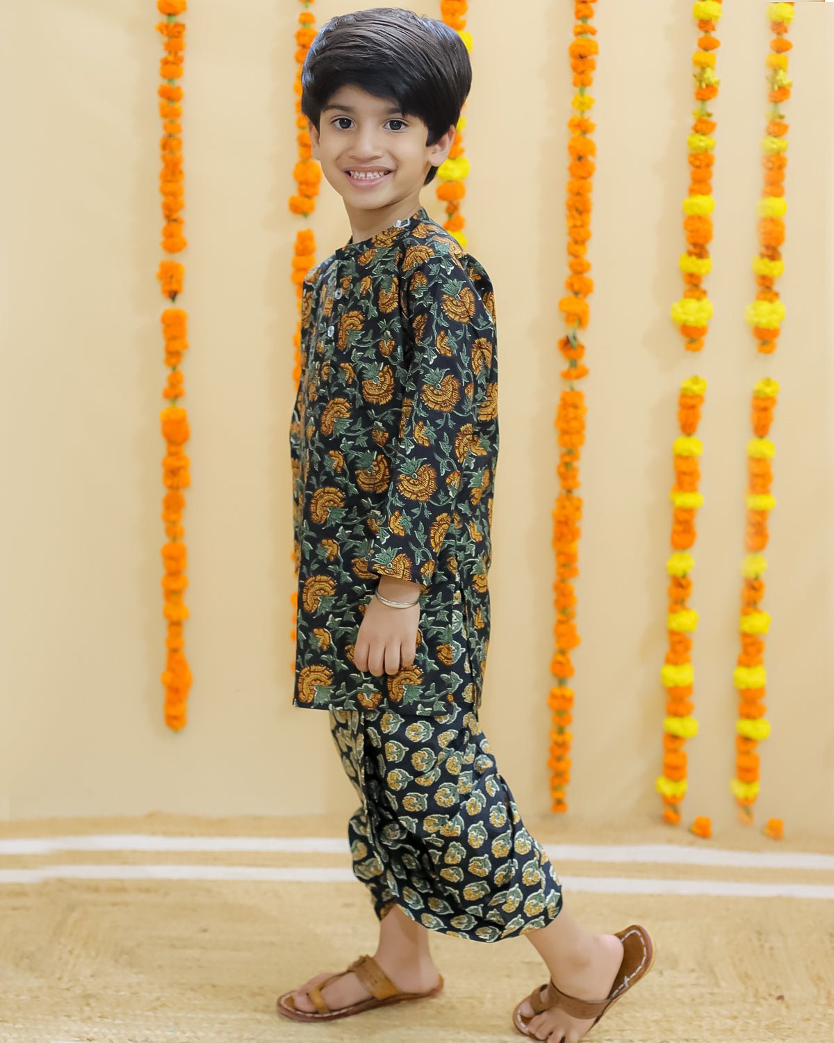 Ethnic Set - Green Block Print Girls Anarkali Pajama Set with Green Block Print Boys Dhoti Kurta Set - TWN2 - GRBPGBD