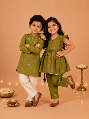 Ethnic Set-Gungun Girls Embroidered Kurta Set And Tropical Tweet Boys Embroidered Kurta Pajama Set -