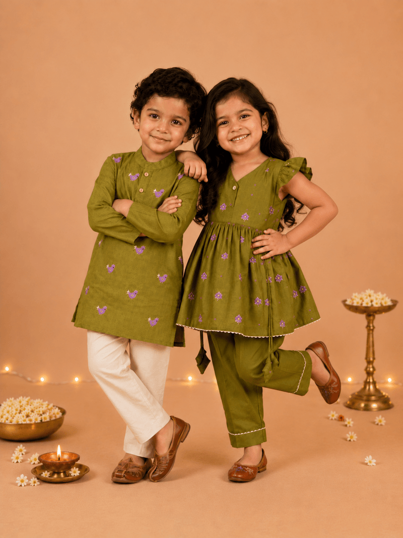 Gungun Girls Embroidered Kurta Set with Tropical Tweet Boys Embroidered Kurta Pajama Set- Ethnic Combo