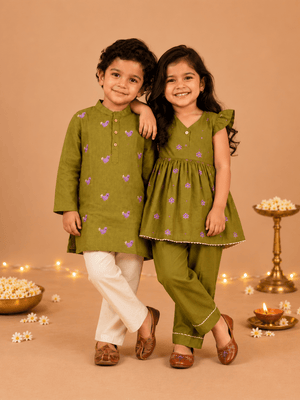 Ethnic Set-Gungun Girls Embroidered Kurta Set And Tropical Tweet Boys Embroidered Kurta Pajama Set -