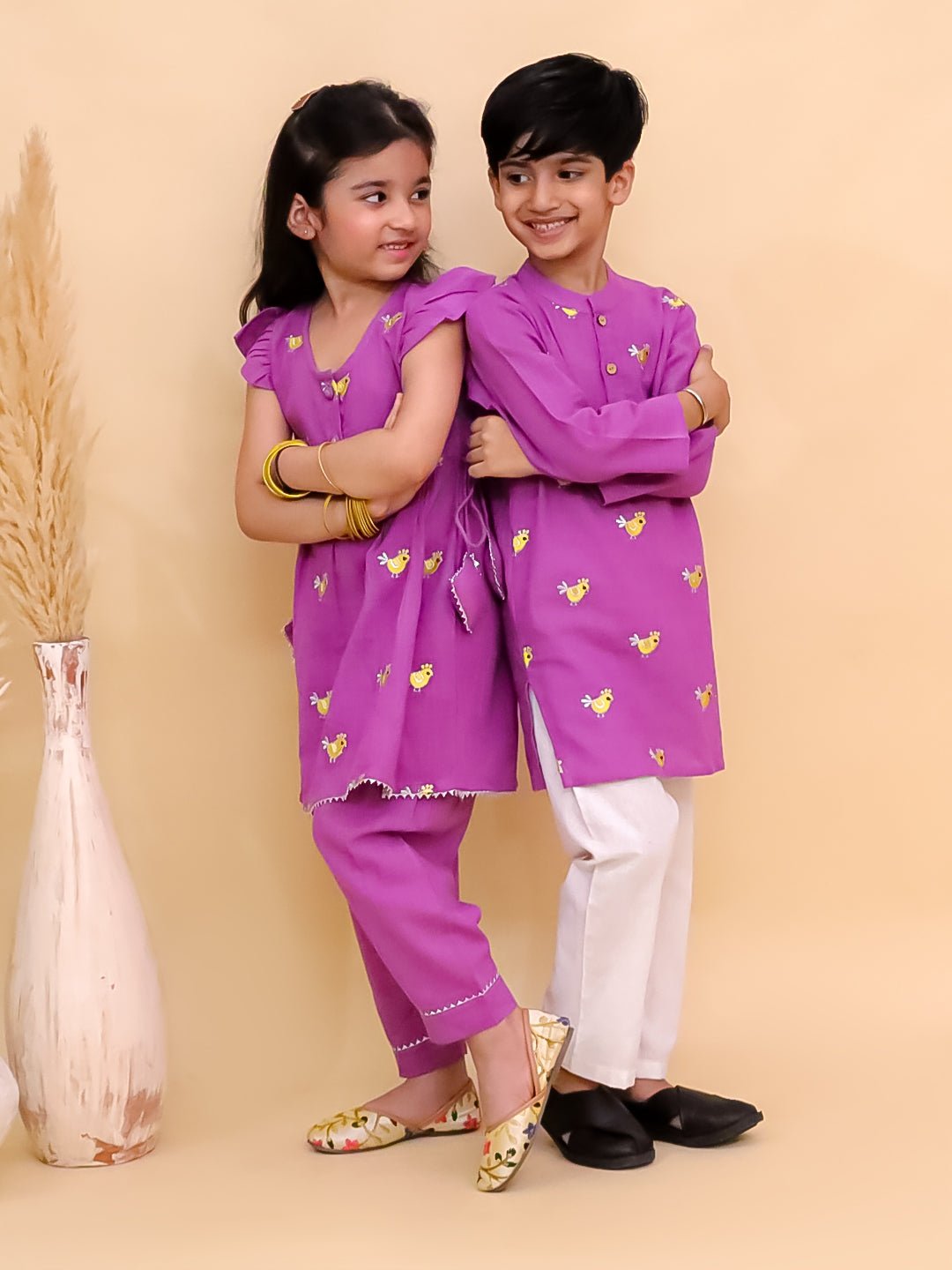 Ethnic Set - Jhilmil Girls Kurta Pajama Set with Tweet Dreams Boys Kurta Pajama Set - KES - BK - JLGKTDBK