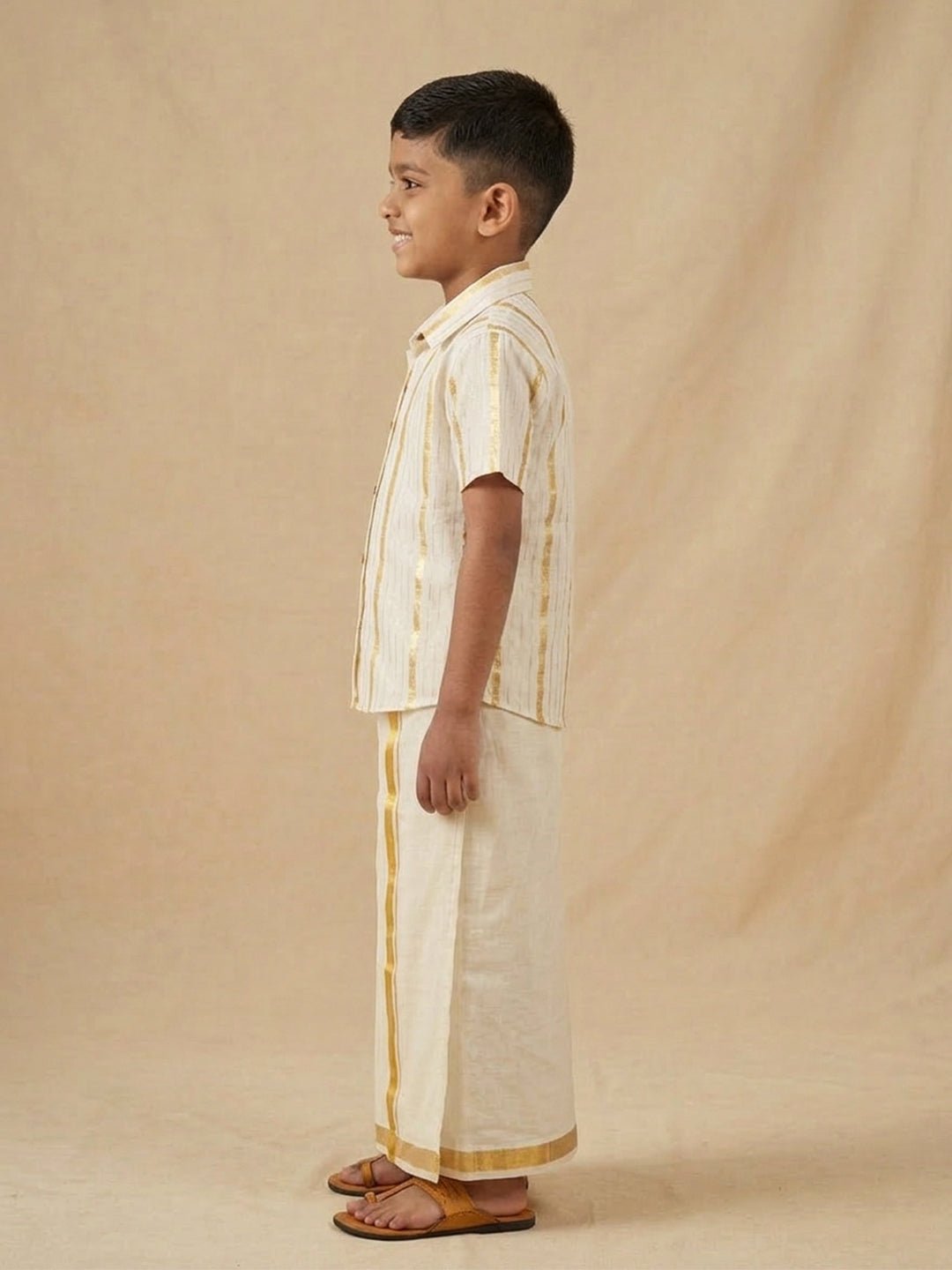 Ethnic Set - Kasavu Classic Boys Shirt with Velcro Dhoti & Girls Skirt Set - Twinning Combo