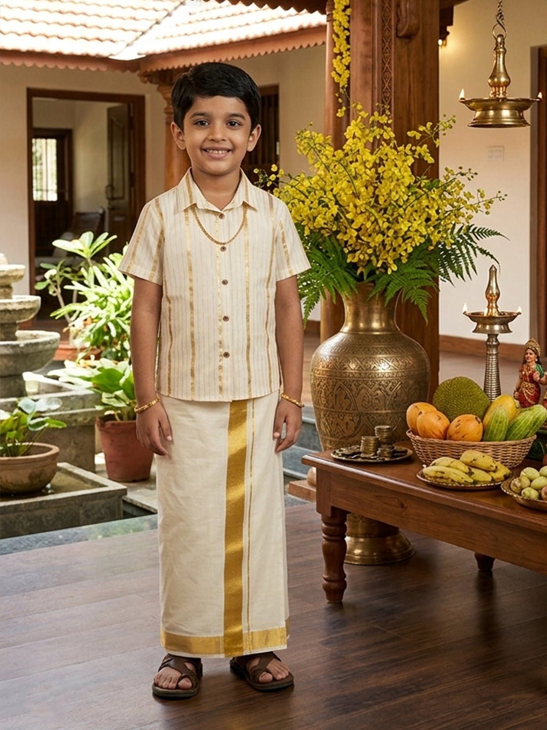 Ethnic Set - Kasavu Classic Boys Shirt with Velcro Dhoti & Girls Skirt Set - Twinning Combo